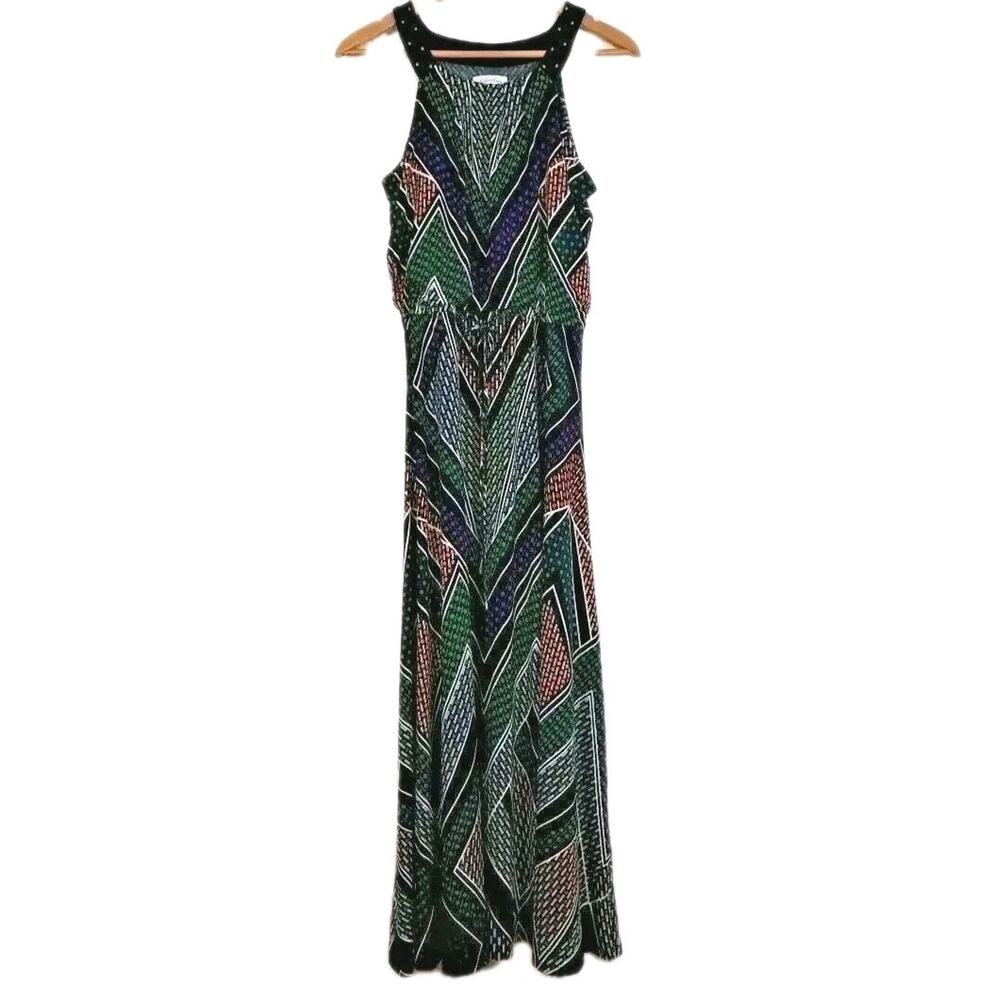 Calvin Klein Sleeveless Maxi Dress Womens M Black Geometric Jersey Elastic Waist